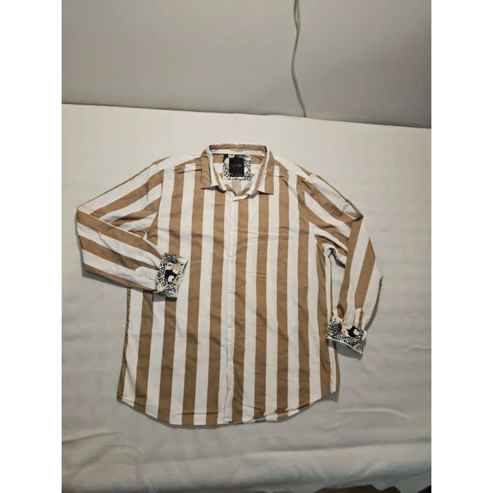 Cactus Man Ricky Singh Mens XL Tan White Stripe Long Sleeve Button Down Shirt